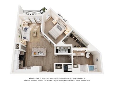 Floor plan for 1 bed, 1 bath, 781 sqft